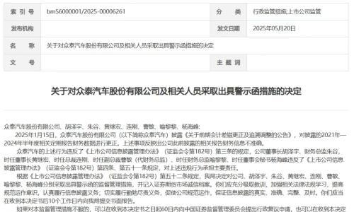 众泰汽车及董事长等人被警示